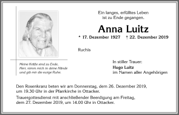 Traueranzeige von Anna Luitz von Allgäuer Zeitung,Kempten