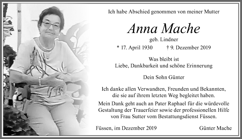  Traueranzeige für Anna Mache vom 21.12.2019 aus Allgäuer Zeitung, Füssen