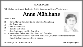 Traueranzeige von Anna Mühlhans von Allgäuer Anzeigeblatt