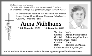 Traueranzeige von Anna Mühlhans von Allgäuer Anzeigeblatt