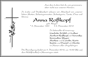 Traueranzeige von Anna Roßkopf von Memminger Zeitung