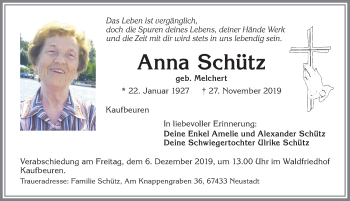 Traueranzeige von Anna Schütz von Allgäuer Zeitung, Kaufbeuren/Buchloe