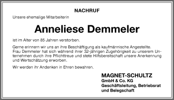 Traueranzeige von Anneliese Demmeler von Memminger Zeitung