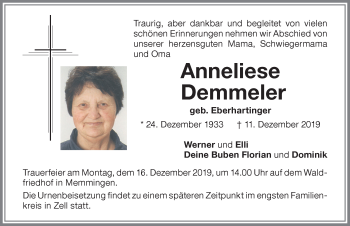 Traueranzeige von Anneliese Demmeler von Memminger Zeitung