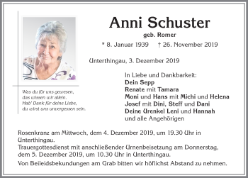 Traueranzeige von Anni Schuster von Allgäuer Zeitung, Marktoberdorf