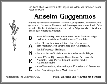 Traueranzeige von Anselm Guggenmos von Allgäuer Zeitung, Marktoberdorf