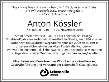 Traueranzeige von Anton Kössler von Allgäuer Zeitung, Kaufbeuren/Buchloe