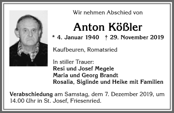 Traueranzeige von Anton Kößler von Allgäuer Zeitung, Kaufbeuren/Buchloe