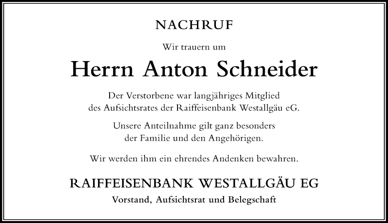  Traueranzeige für Anton Schneider vom 31.12.2019 aus Der Westallgäuer