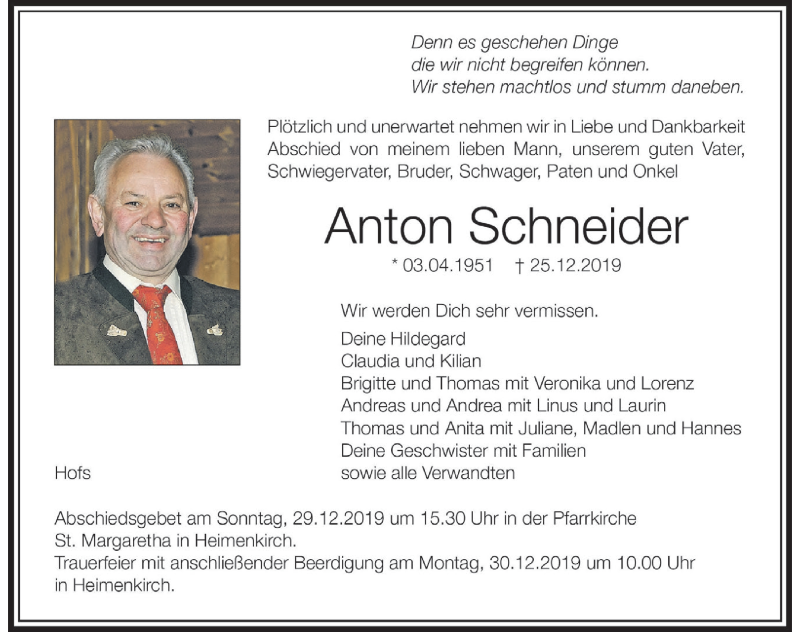  Traueranzeige für Anton Schneider vom 28.12.2019 aus Der Westallgäuer