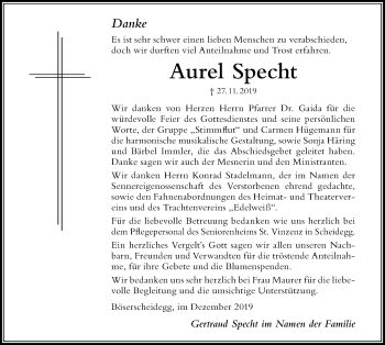 Traueranzeige von Aurel Specht von Der Westallgäuer