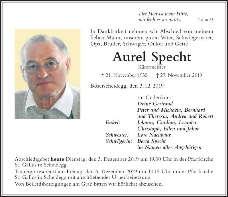  Traueranzeige für Aurel Specht vom 03.12.2019 aus Der Westallgäuer