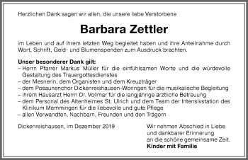 Traueranzeige von Barbara Zettler von Memminger Zeitung