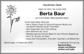 Traueranzeige von Berta Baur von Memminger Zeitung