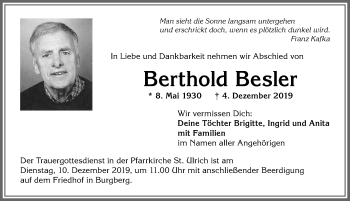 Traueranzeige von Berthold Besler von Allgäuer Anzeigeblatt