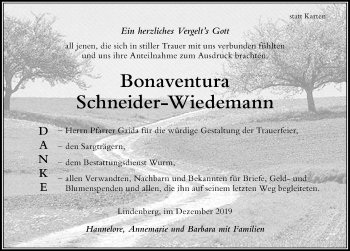 Traueranzeige von Bonaventura Schneider-Wiedemann von Der Westallgäuer