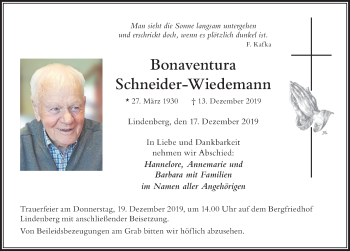 Traueranzeige von Bonaventura Schneider-Wiedemann von Der Westallgäuer