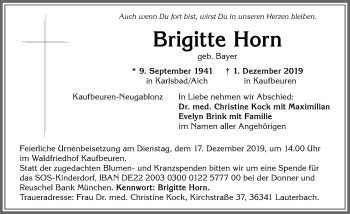 Traueranzeige von Brigitte Horn von Allgäuer Zeitung, Kaufbeuren/Buchloe