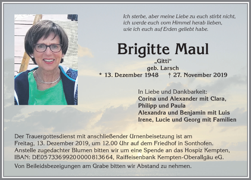  Traueranzeige für Brigitte Maul vom 10.12.2019 aus Allgäuer Anzeigeblatt