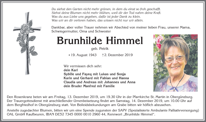  Traueranzeige für Brunhilde Himmel vom 11.12.2019 aus Allgäuer Zeitung, Marktoberdorf