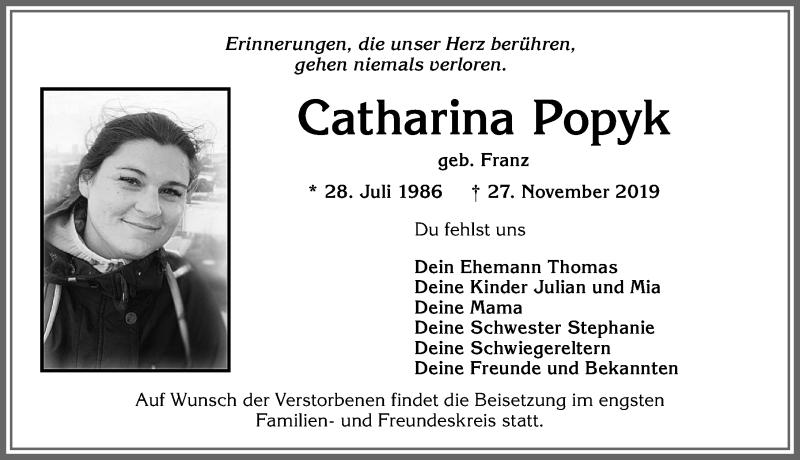  Traueranzeige für Catharina Popyk vom 11.12.2019 aus Allgäuer Zeitung, Kaufbeuren/Buchloe