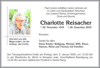 Traueranzeige von Charlotte Reisacher von Allgäuer Zeitung,Kempten