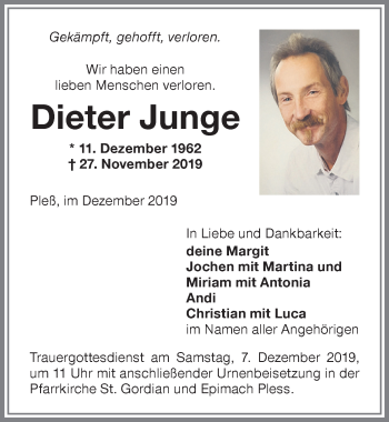 Traueranzeige von Dieter Junge von Memminger Zeitung