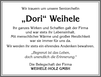 Traueranzeige von Dori Weihele von Allgäuer Zeitung, Marktoberdorf