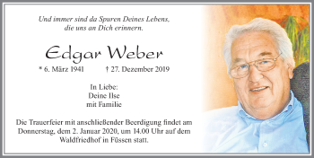 Traueranzeige von Edgar Weber von Allgäuer Zeitung, Füssen