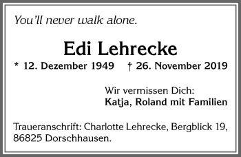Traueranzeige von Edi Lehrecke von Allgäuer Zeitung, Füssen