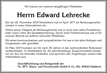 Traueranzeige von Edi Lehrecke von Allgäuer Zeitung
