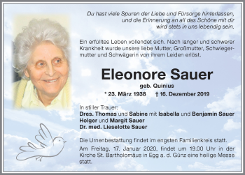 Traueranzeige von Eleonore Sauer von Memminger Zeitung