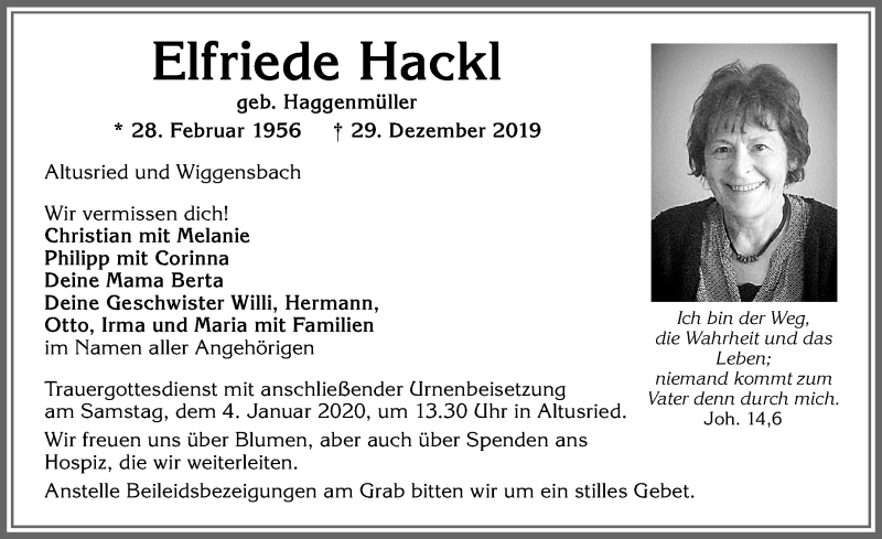  Traueranzeige für Elfriede Hackl vom 31.12.2019 aus Allgäuer Zeitung,Kempten