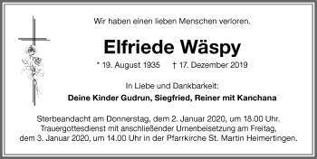 Traueranzeige von Elfriede Wäspy von Memminger Zeitung