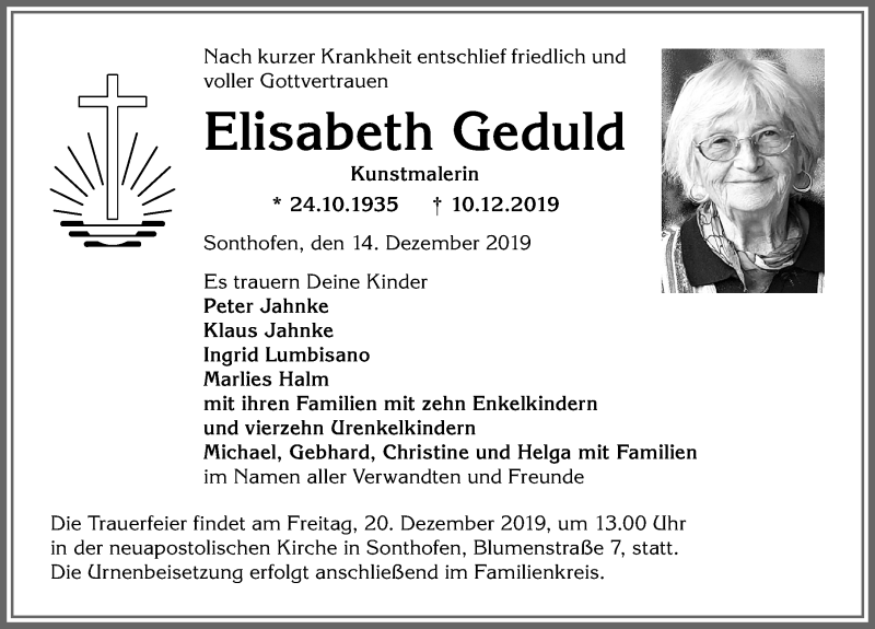  Traueranzeige für Elisabeth Geduld vom 14.12.2019 aus Allgäuer Anzeigeblatt
