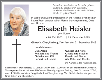 Traueranzeige von Elisabeth Heisler von Allgäuer Zeitung, Marktoberdorf