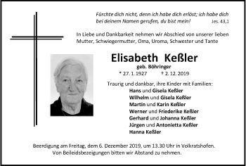Traueranzeige von Elisabeth Keßler von Memminger Zeitung