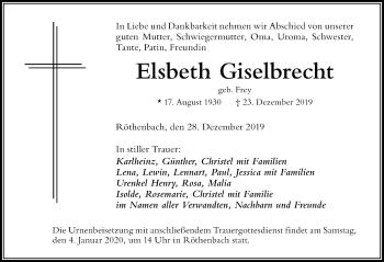 Traueranzeige von Elsbeth Giselbrecht von Der Westallgäuer