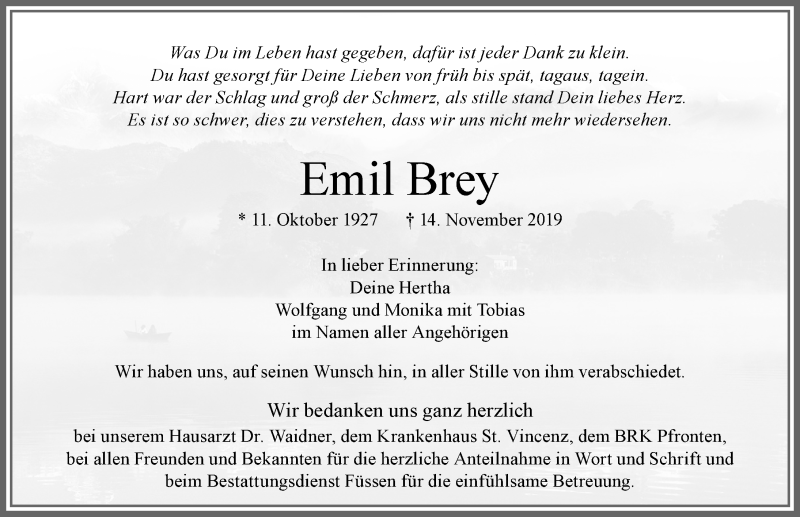 Traueranzeige für Emil Brey vom 07.12.2019 aus Allgäuer Zeitung, Füssen