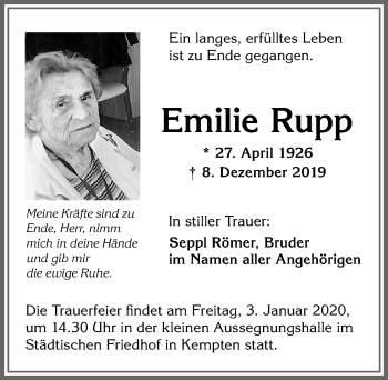 Traueranzeige von Emilie Rupp von Allgäuer Zeitung,Kempten