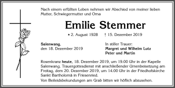 Traueranzeige von Emilie Stemmer von Allgäuer Zeitung