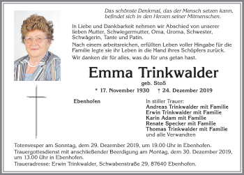 Traueranzeige von Emma Trinkwalder von Allgäuer Zeitung
