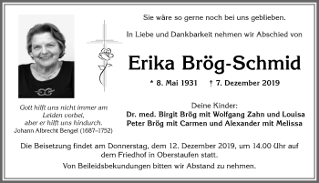 Traueranzeige von Erika Brög-Schmid von Allgäuer Zeitung