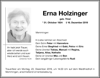 Traueranzeige von Erna Holzfinger von Memminger Zeitung
