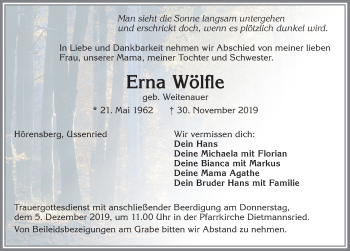 Traueranzeige von Erna Wölfle von Allgäuer Zeitung,Kempten