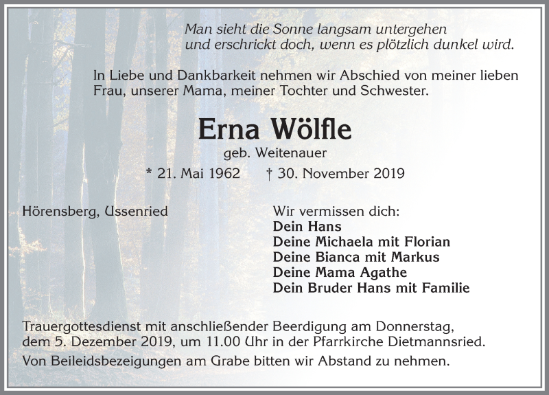  Traueranzeige für Erna Wölfle vom 03.12.2019 aus Allgäuer Zeitung,Kempten