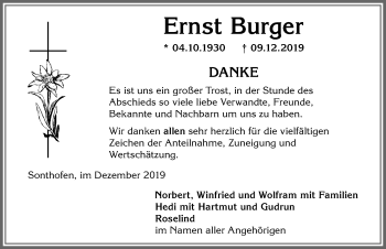 Traueranzeige von Ernst Burger von Allgäuer Anzeigeblatt