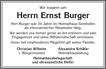 Traueranzeige von Ernst Burger von Allgäuer Anzeigeblatt