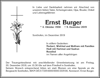 Traueranzeige von Ernst Burger von Allgäuer Anzeigeblatt