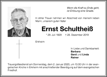 Traueranzeige von Ernst Schultheiß von Memminger Zeitung